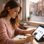 Étudiante révisant le code de la route à Lille sur tablette