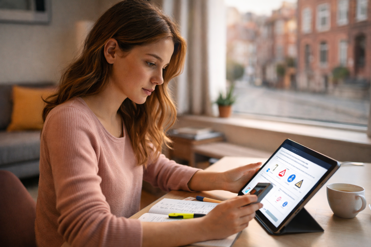 Étudiante révisant le code de la route à Lille sur tablette