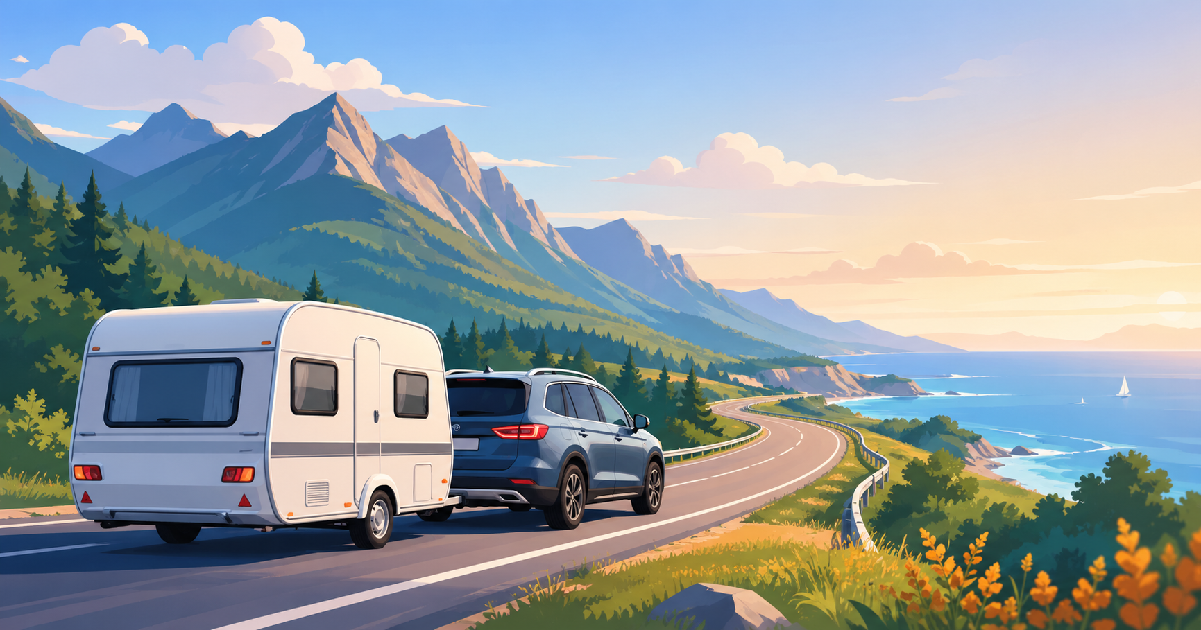 Permis B96 à Lille : voiture tractant une caravane sur route panoramique