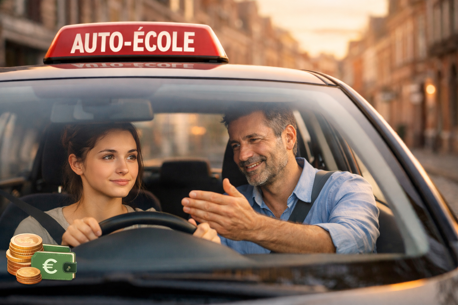 Jeune conductrice apprenant avec un moniteur dans une auto-école à Lille