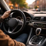 Main sur le volant d'une voiture automatique à Lille
