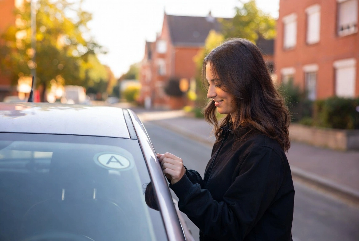 Jeune conductrice à Lille collant son disque A sur sa voiture